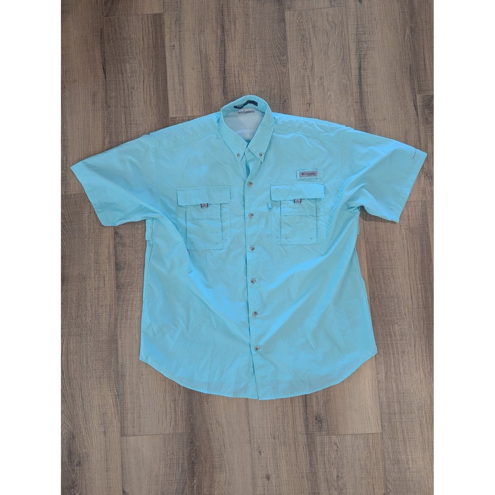 Columbia PFG Bahama Fishing Shirt Mens Large Aqua Vented Short Sleeve Nylon